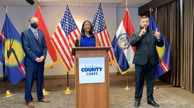 St. Louis Mayor Tishaura Jones and County Executive Sam Page (left) announce the latest health order.