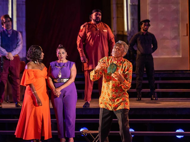 Carl Overly Jr remembers Shakespeare Festival's King Lear  was one of the first in-person plays he did. Overly played Cornwall (fourth from left in background) alongside, Tony Award-winning actor Andre de Shields (center foreground).