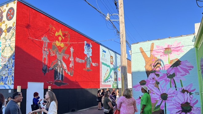José Luis Vargas's mural "I am not a rumor" (left), 2022 UMSL Mural Class's "Mutual Dreaming" (middle), and Simiya Sudduth's "From Infinity to Infinity" (right).