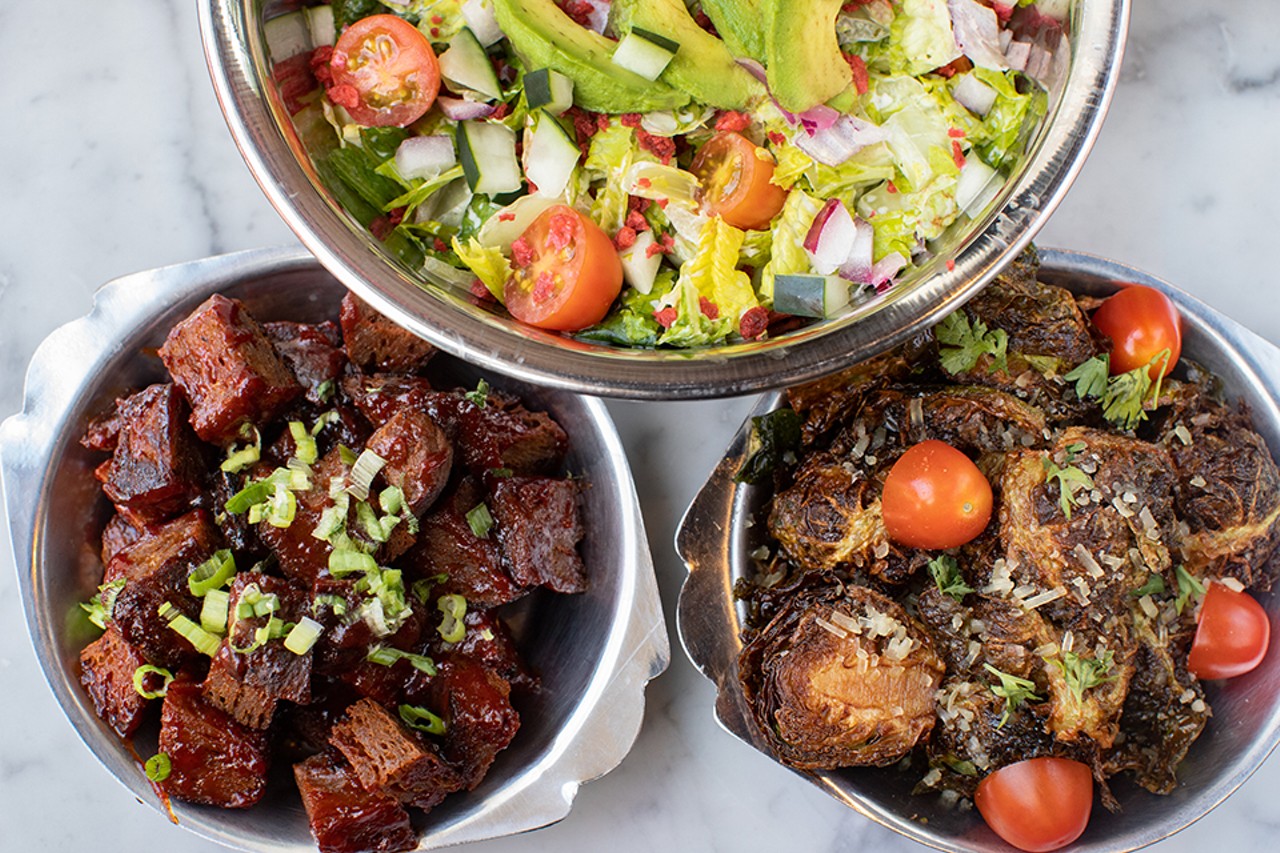 House salad, burnt ends and crispy Brussels sprouts.