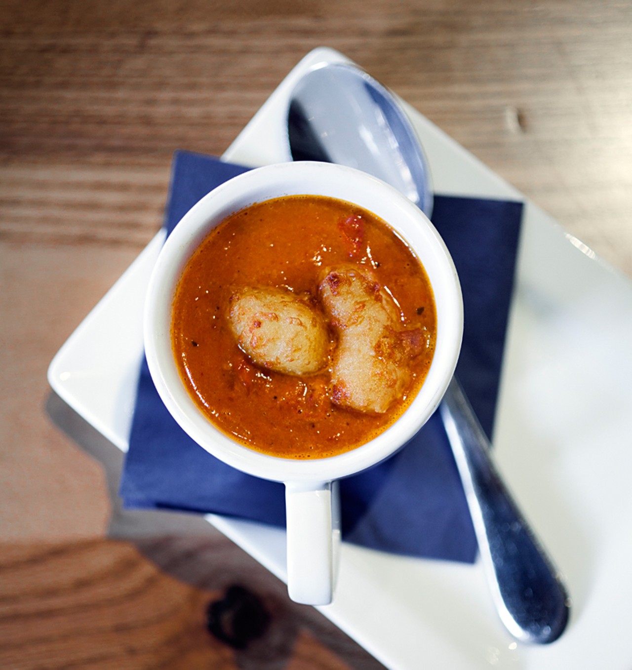 "Roast Tomato Soup" with a side of crispy cheese curds.