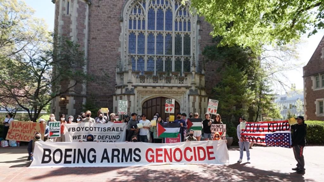 Washington University Students interrupted an admitted students event at Graham Chapel on April 13 to call on the university to divest from Boeing.