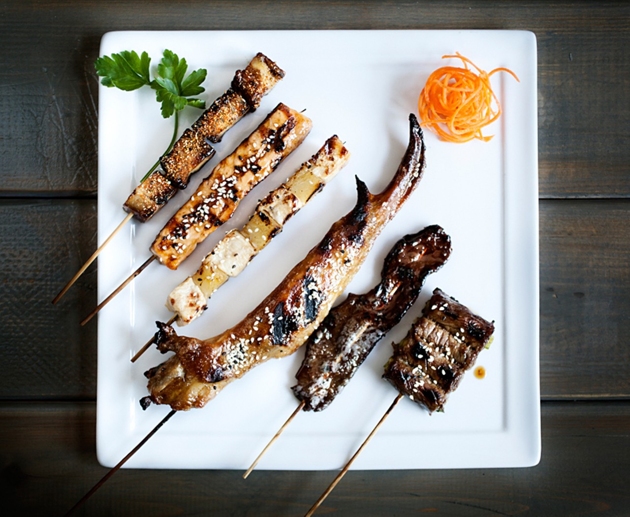 From the grilled or Yakitori menu is a set of grilled togarqashi pork belly, teriyaki salmon, pineapple chicken, duck, black pepper steak and beef wrapped asparagus.