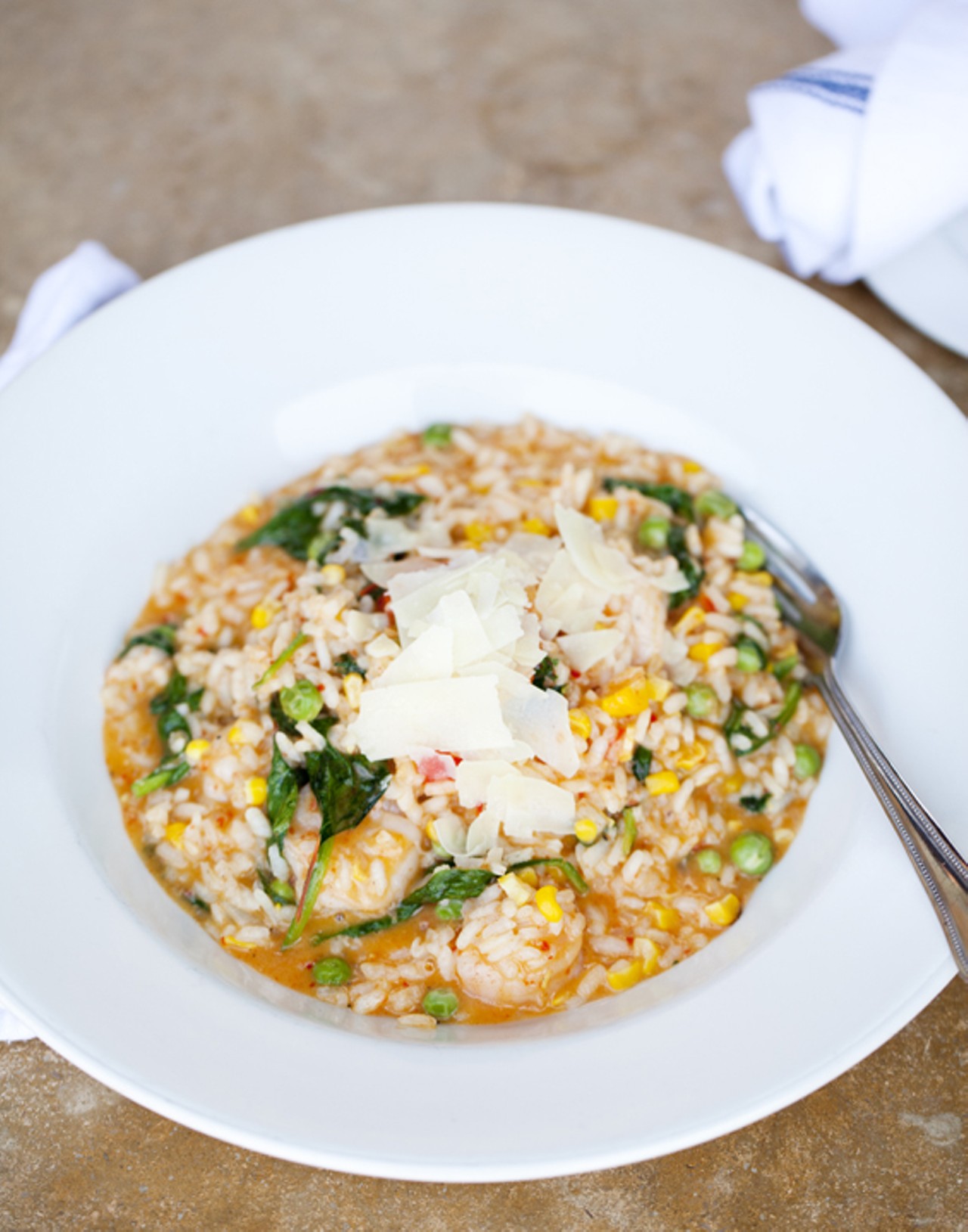 Risotto Del Giorno - the Risotto of the Day was a roasted Georgia corn, sweet red bell pepper puree, English Peas, baby arugula, shrimp, and shaved parmigiano risotto.