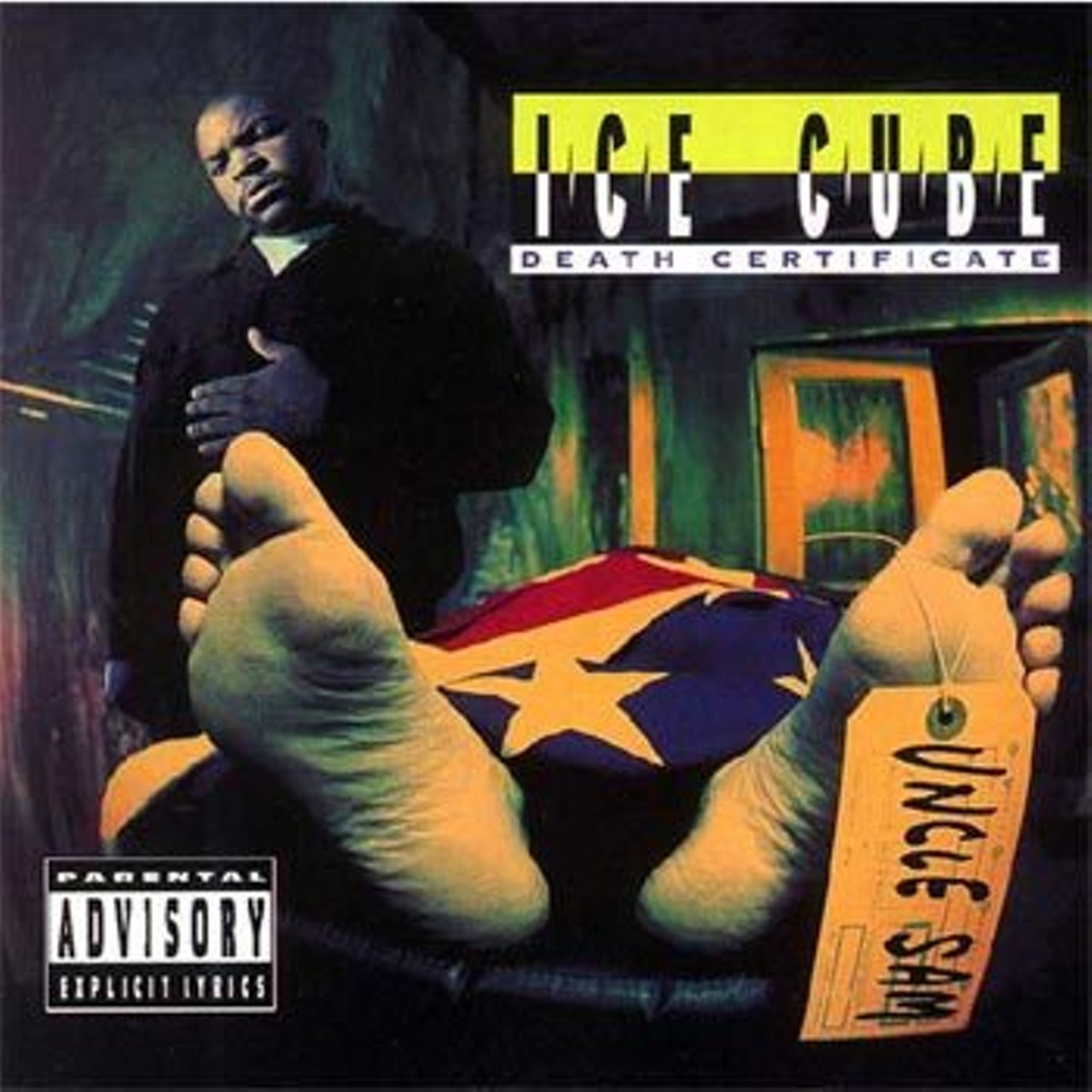 3. Ice Cube's "Death Certificate" wraps a cold body in a flag; the dangling label reads "Uncle Sam."