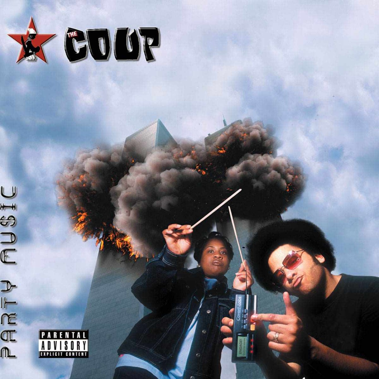 1. This was the original cover for The Coup's "Party Music," which was actually designed prior to 9/11, sometime in June 2001. In it, Coup members Pam the Funkstress and Riley stand before the twin towers, with Riley hitting the button on a guitar tuner and apparently blowing the place up. The cover was eventually swapped for the image of a gasoline-filled (and lit) martini glass.
