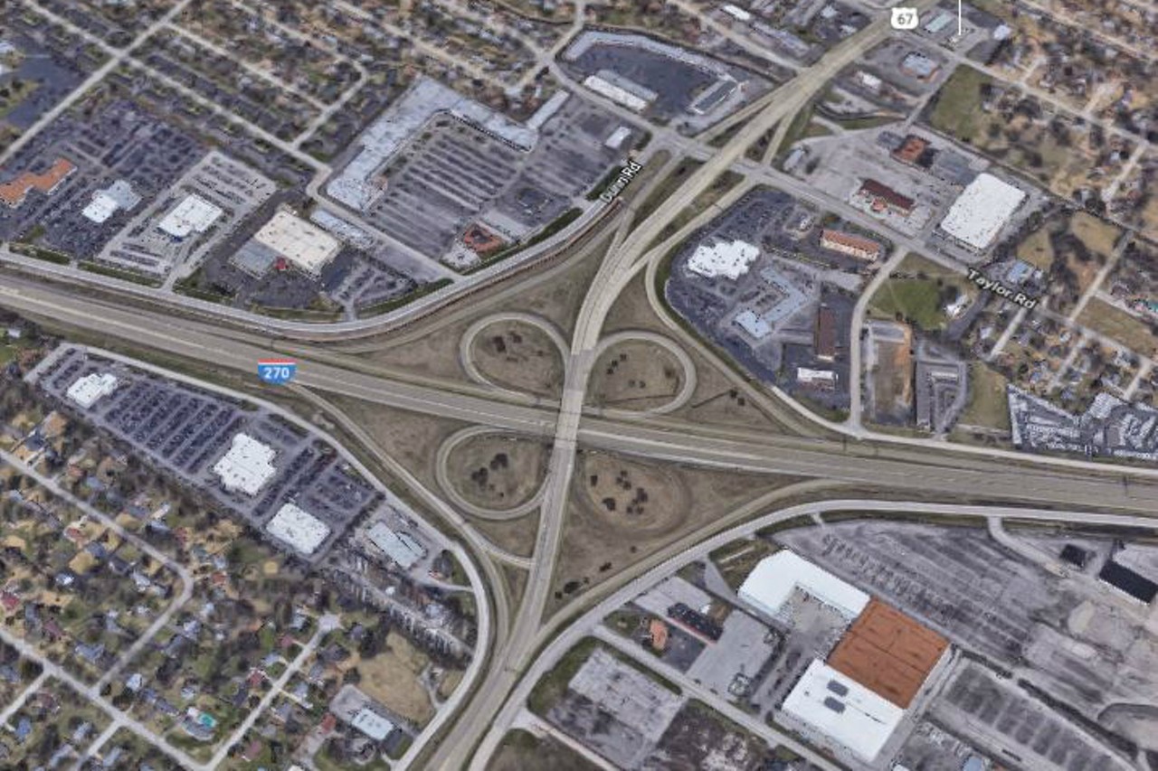 N. Lindbergh at Highway 270
North county urban legend holds that this stupid intersection has caused so many accidents that the engineer who designed it killed himself out of guilt. It's serious stuff.
Photo courtesy of Google Maps