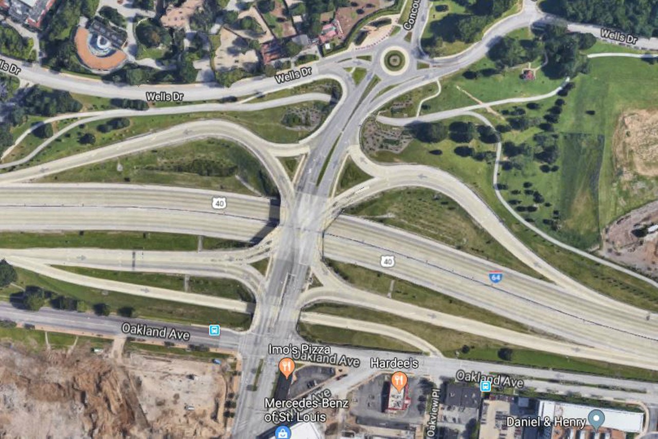 Hampton Ave. & Oakland Ave. at Highway 40
If you're on Oakland headed west and you want to get onto Highway 40 also headed west, you have to turn right onto Hampton and cross up to five lanes of traffic in about 40 feet. Death trap.
Photo courtesy of Google Maps
