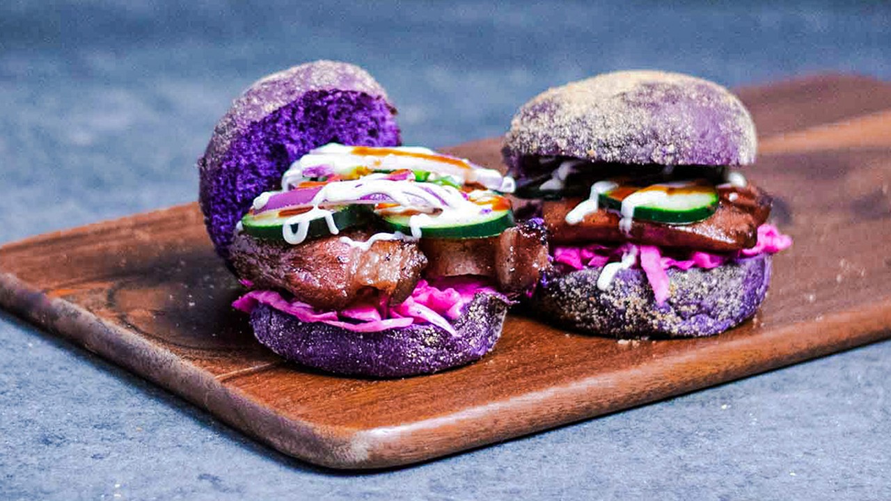 Pork belly tocino sliders on ube pandesal buns at The Fattened Caf