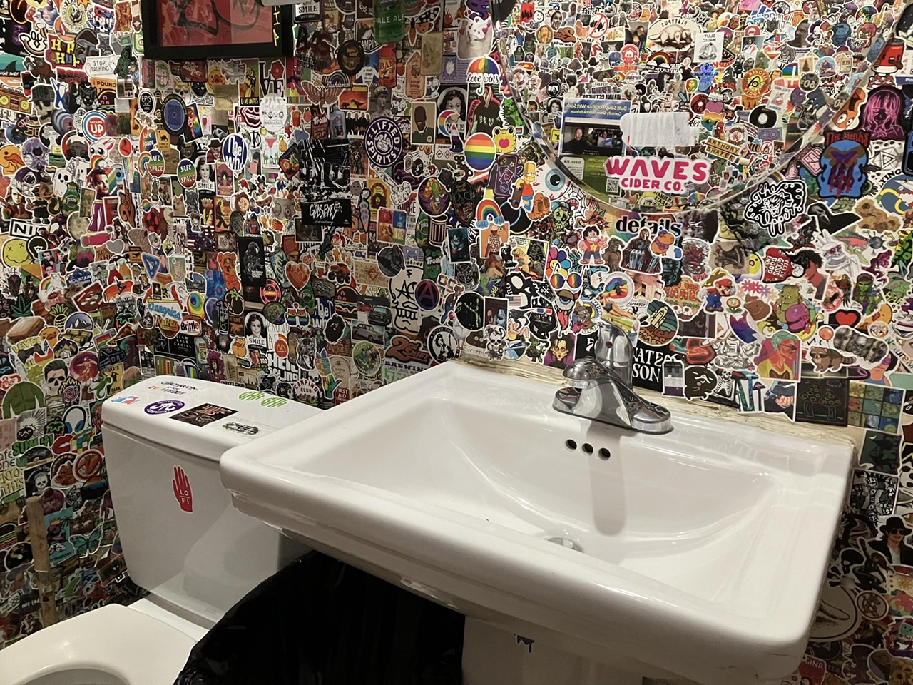 Platypus
Stickers, stickers, stickers and more stickers is the only way to describe the bathroom at Platypus (4501 Manchester Avenue). There's even stickers inside the toilet. But even though this bathroom gives off a grungy, pop-punk vibe with its stickered wallpaper, it's still a super clean bathroom, especially compared to its counterparts in the Grove. Another major bonus about this bathroom is the fact that it's a full room giving you complete privacy to do as you please.