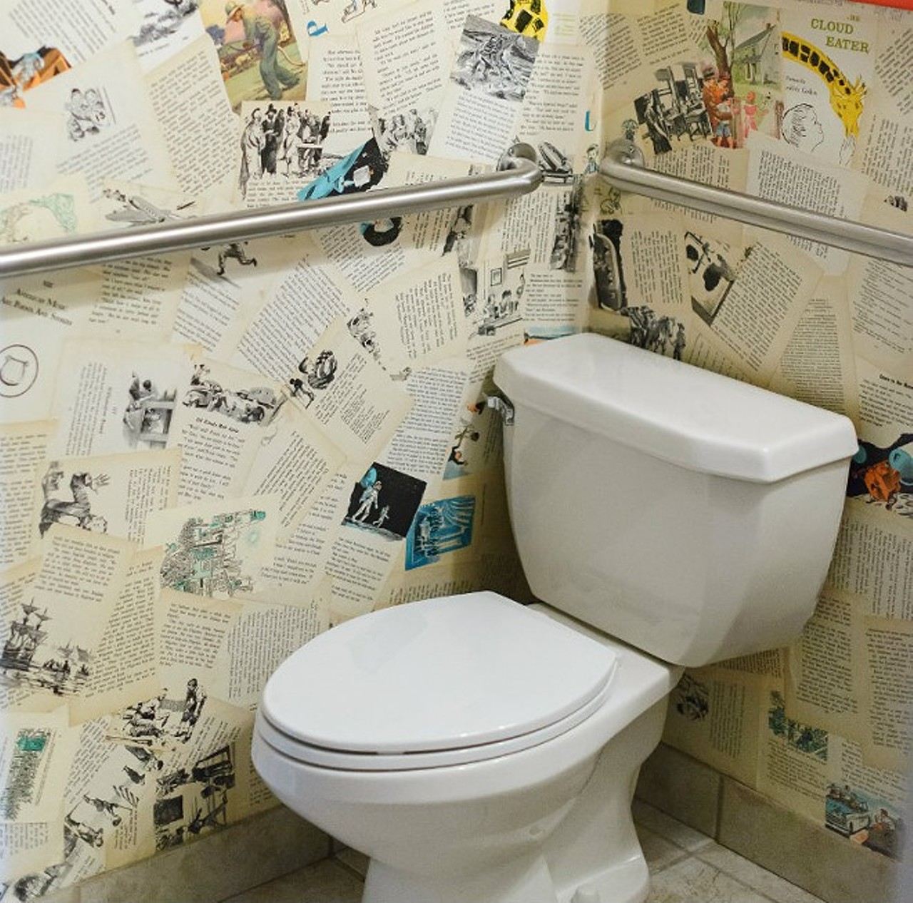 The Novel Neighbor
Get bored while doing your business? The Novel Neighbor (7905 Big Bend Boulevard, Webster Groves) has you covered. Like literally, the bathroom is covered in pages from old, discarded books, just take your pick. Back in 2016, the Novel Neighbor's restroom was named one of the 10 best in the nation by Cintas. And for good reason too — it's fun, clean and private, what more could you ask for in a public bathroom?