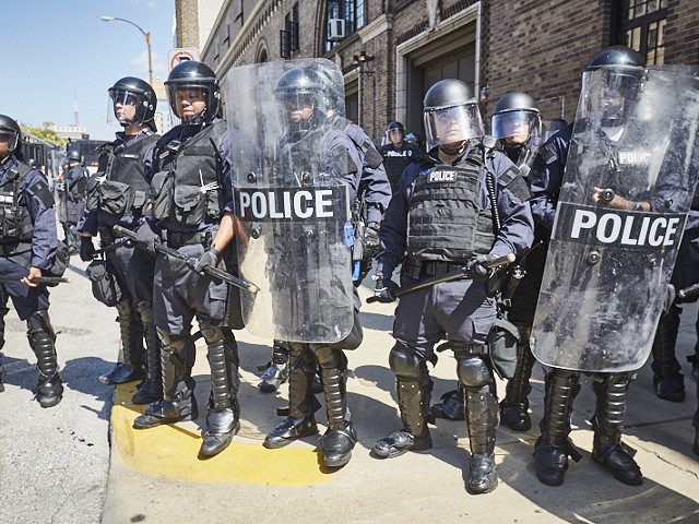 St. Louis police block protesters on Sept. 15, 2017, after ex-police officer Jason Stockley was found not guilty of murder.