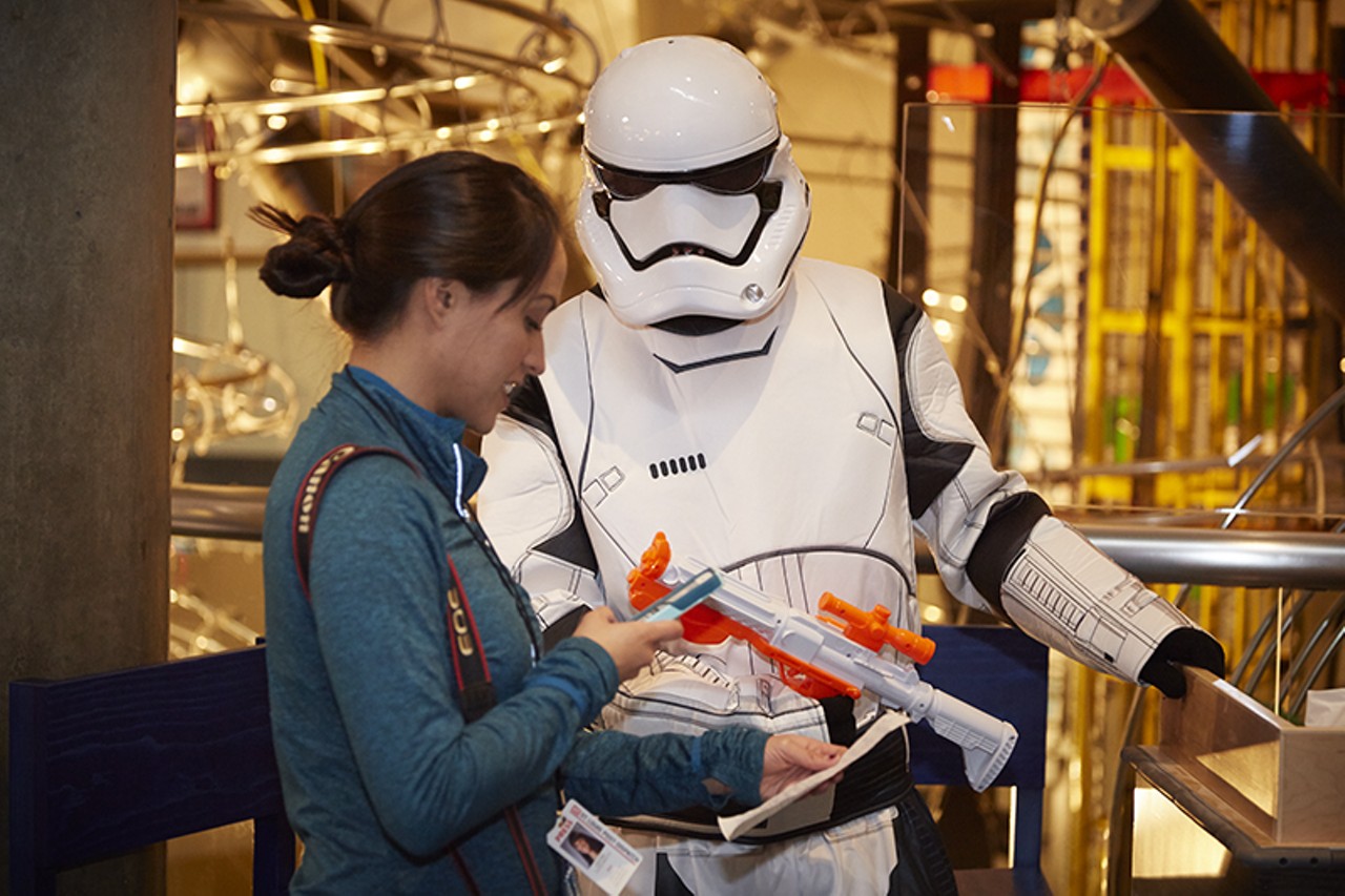 A storm trooper tries out a pick-up line: "Want to come to the Death Star and show me your dark side?"