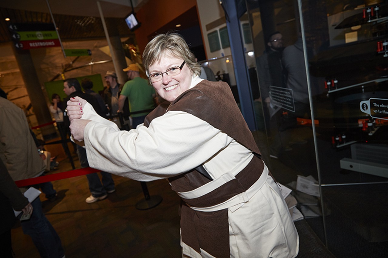 Carol Patterson, in her homemeade Jedi costume, was forced by storm troopers to leave her light saber in the car.
