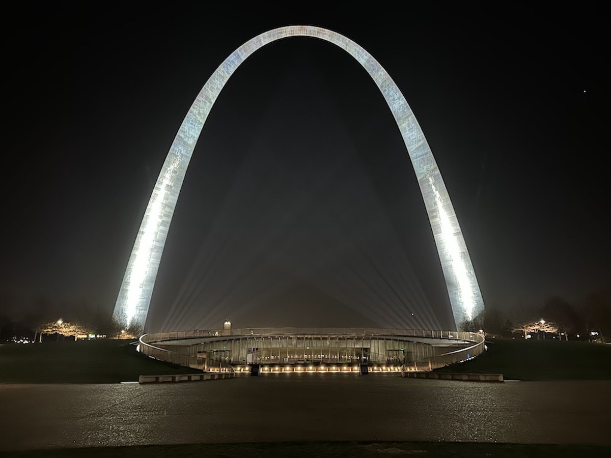 The Gateway Arch's upgraded light system, photographed here during installation and testing, switches on for real on December 20, 2023.