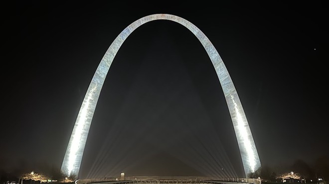 The Gateway Arch's upgraded light system, photographed here during installation and testing, switches on for real on December 20, 2023.