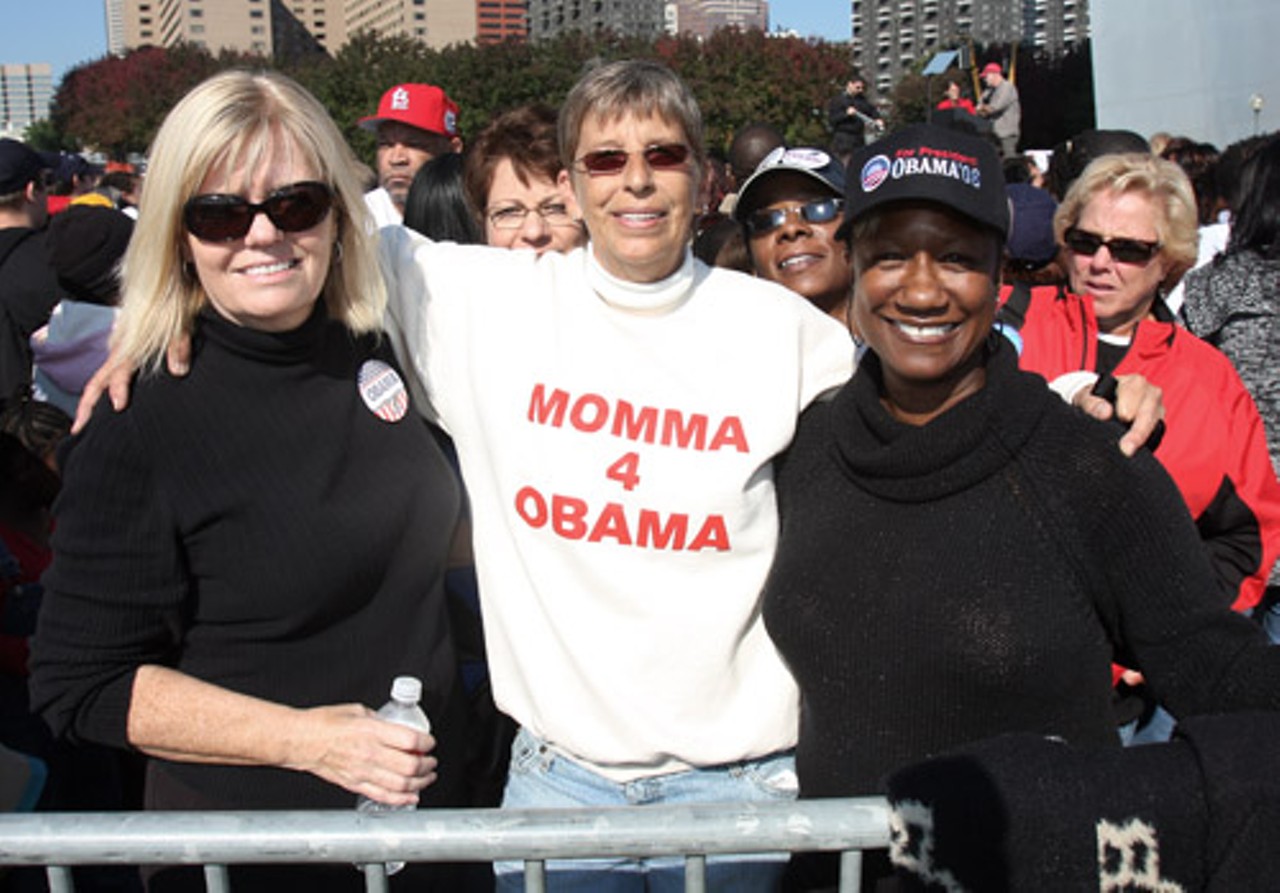 Jane Crouch, center, sports her homemade &ldquo;Momma 4 Obama&rdquo; sweater. She makes a variety of merchandise, some of which states, &ldquo;grow your own dope, plant a republican."MORE PHOTOS: See photos of Obama and other Democratic politicians from Saturday's rally.