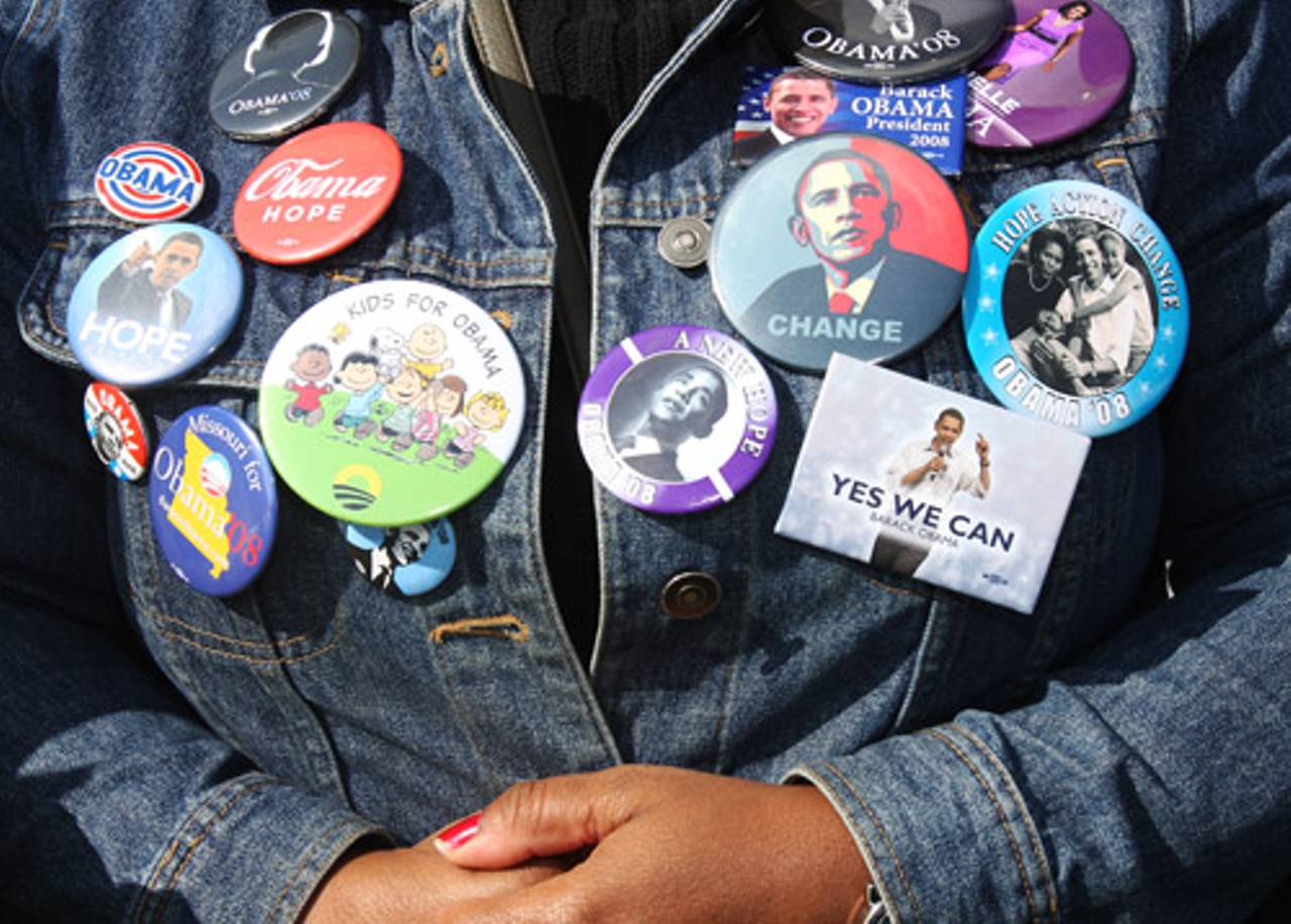 Hope Walker has been collecting Barack Obama buttons since the very beginning of his presidential campaign.MORE PHOTOS: See photos of Obama and other Democratic politicians from Saturday's rally.