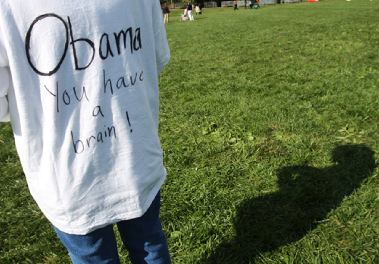 Carmen Blumer, University City, expressed her democratic thoughts on the back of her T-shirt. MORE PHOTOS: See photos of Obama and other Democratic politicians from Saturday's rally.
