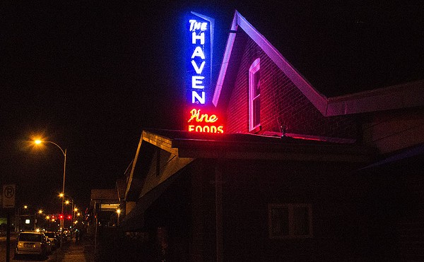 The Haven bar and grill at night time.