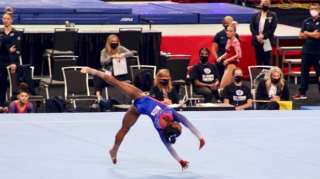 Simone Biles, the most highly decorated American gymnast, completes her floor routine at Friday's Olympic trials.
