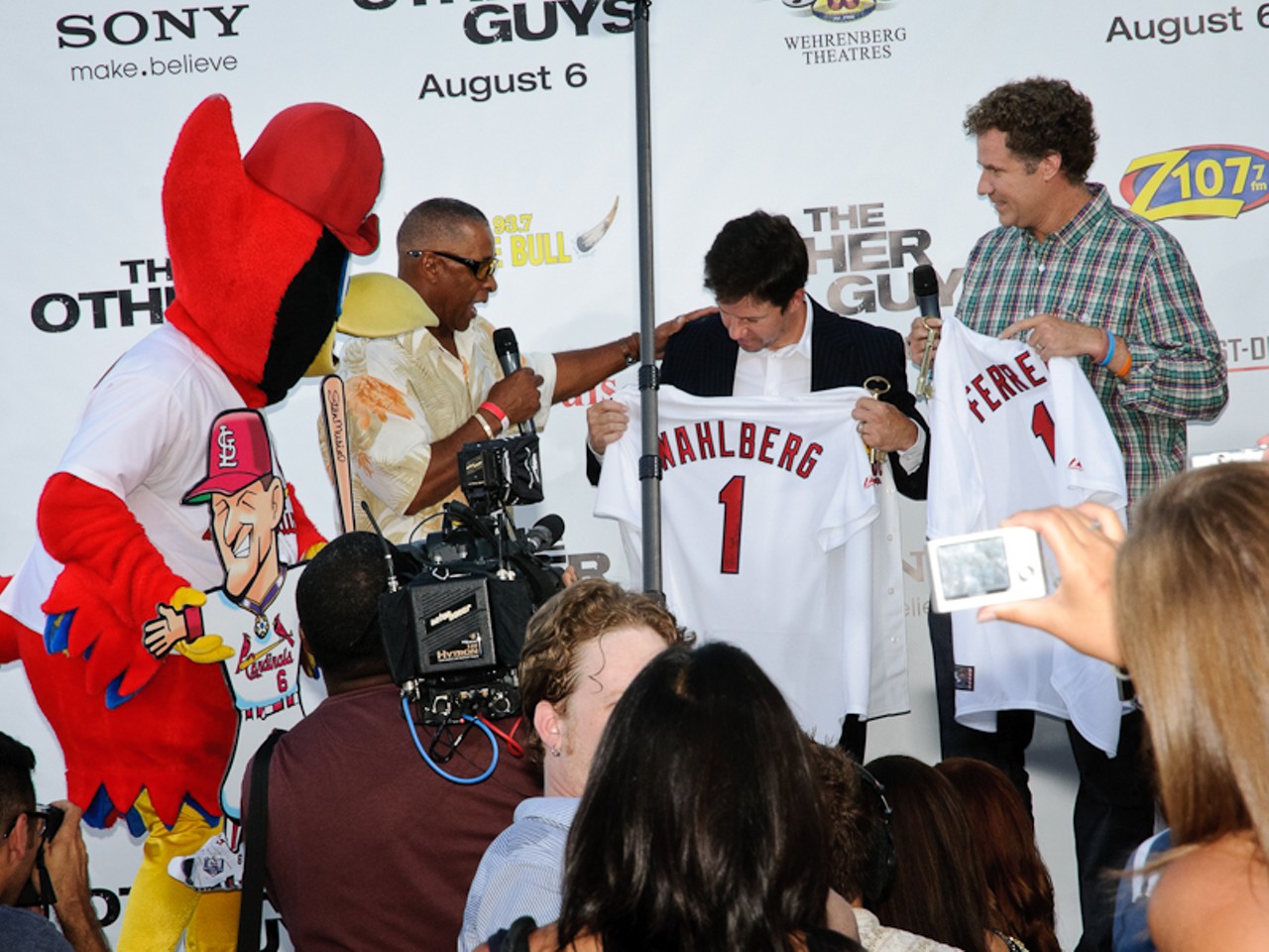 Fredbird and Ozzie Smith presented both Wahlberg and Ferrell honorary St. Louis Cardinals jerseys with Ozzie's iconic number one.