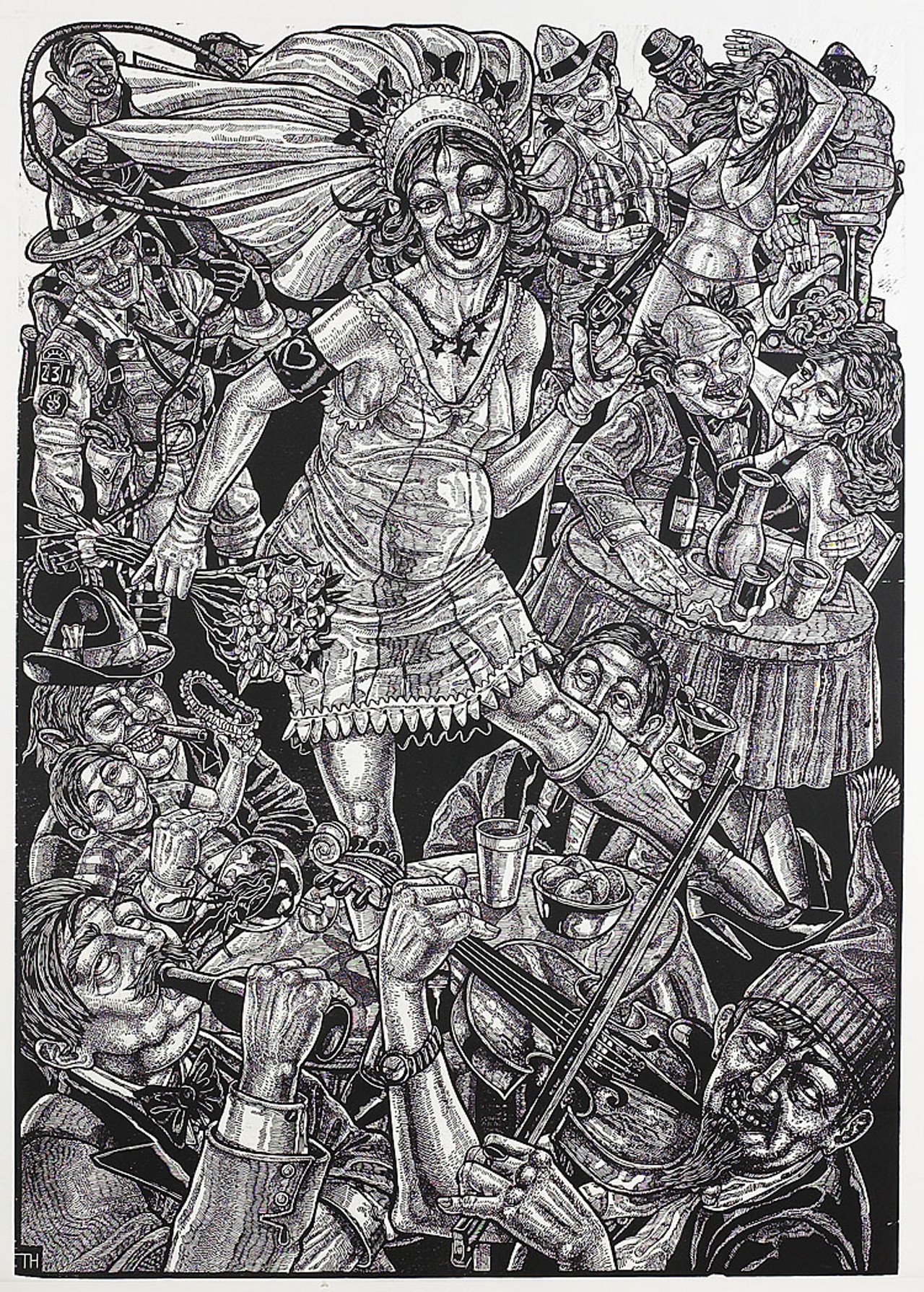 Tom Huck "Dollar Dance" (woodcut, 38" x 52", 2000)