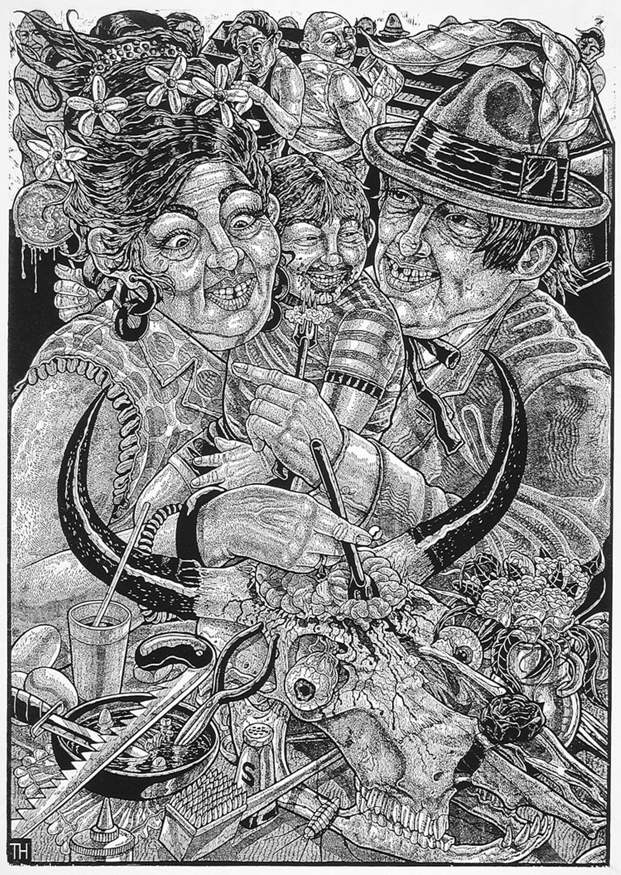 Tom Huck, "Beef Brain Buffet" (woodcut, 38" x 52", 2003)