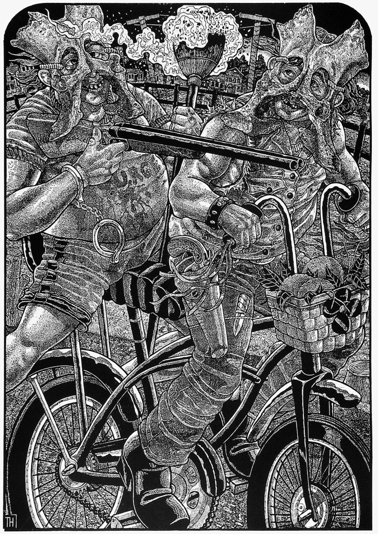 Tom Huck, "The Jolly Guano Brothers Ride Again" (woodcut, 38" x 52", 2004)