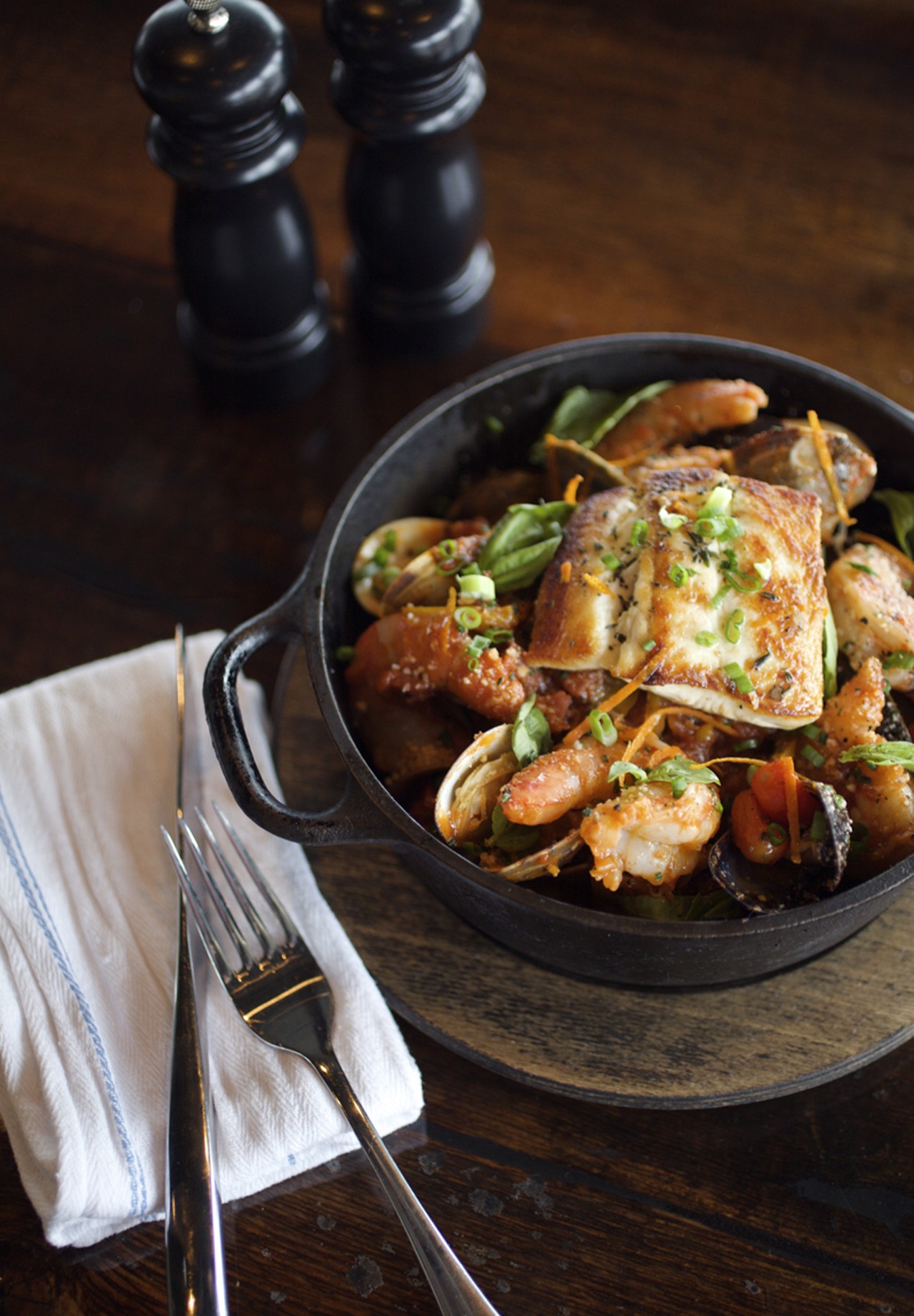 The Fisherman's Stew is prepared with Halibut, Clams, Mussels and Shrimp.