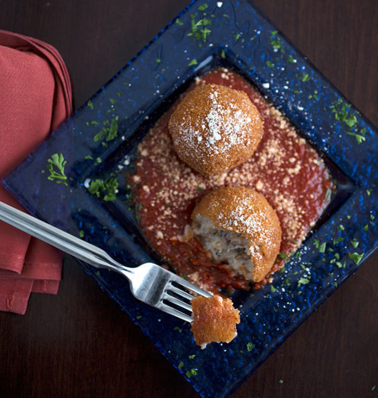 Arancini with gorgonzola, steak, potato and roasted-tomato marinara. See more photos: Inside Pan D' Olive on McCausland.