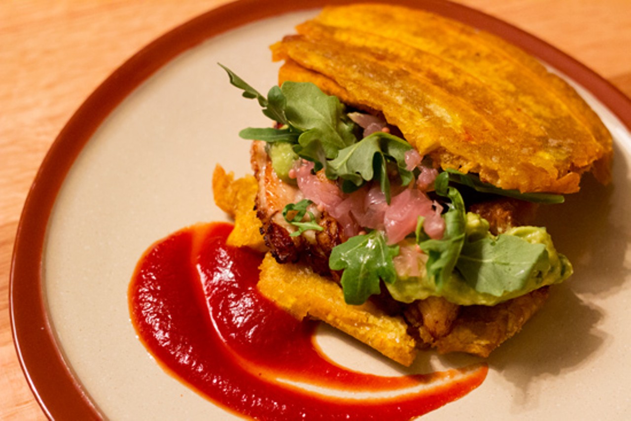 El Jibarito, a fried plantain "sandwich" with pork belly, tomato-chipotle jam, avocado and pickled red onion. Read more: Gringo Offers Taco Options Like Al Pastor, Octopus and Grasshopper in the Central West End [Photos]