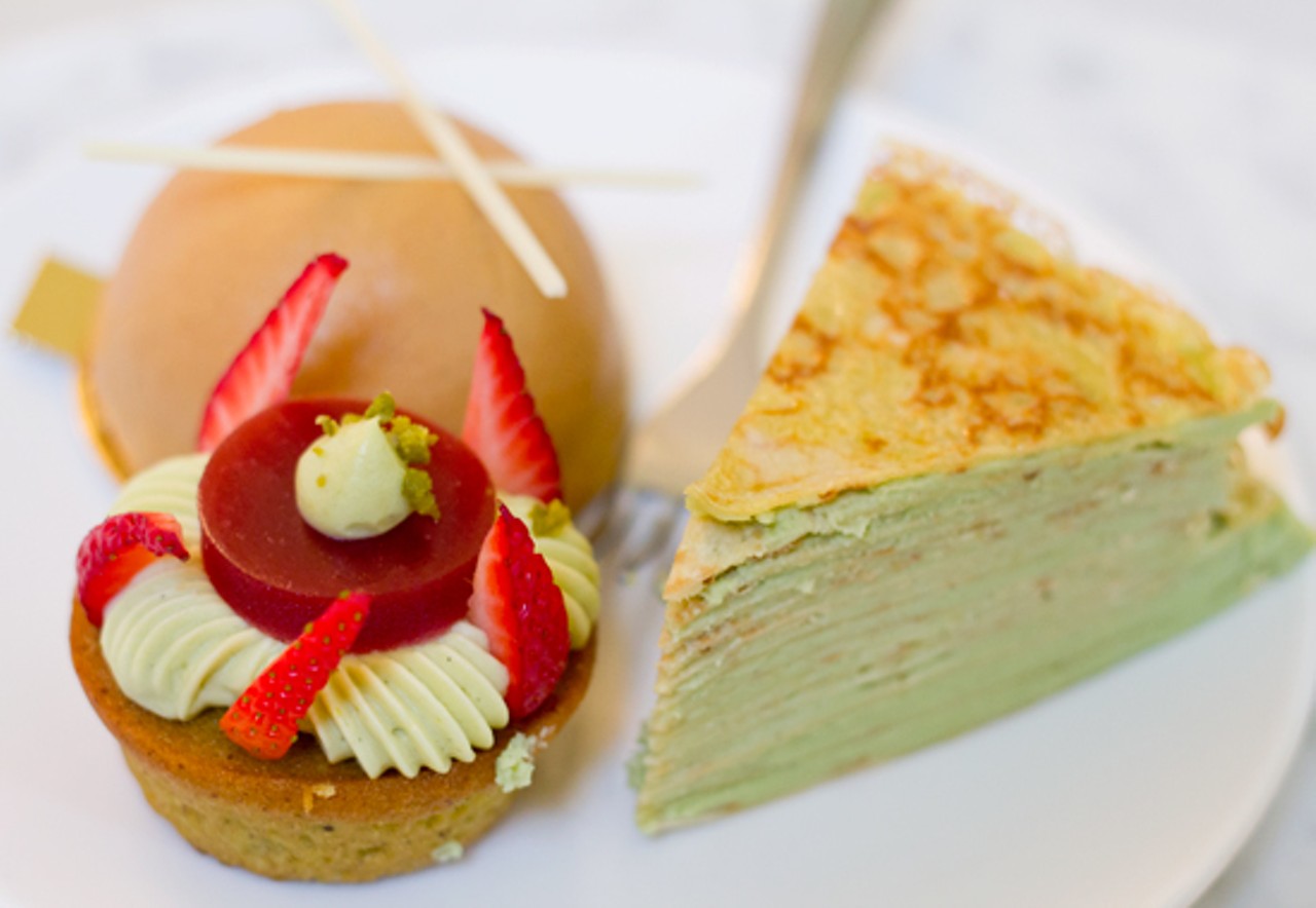 Clockwise from bottom left: The "Ooh La La" ($4.50) strawberry-pistachio tart, a "Bananas Foster Bombe" ($5) and a "Mille Crepe" ($4.25) flavored with white chocolate and Matcha. Read more: La Patisserie Chouquette Offers Desserts that Look (Almost) Too Good to Eat [Photos]