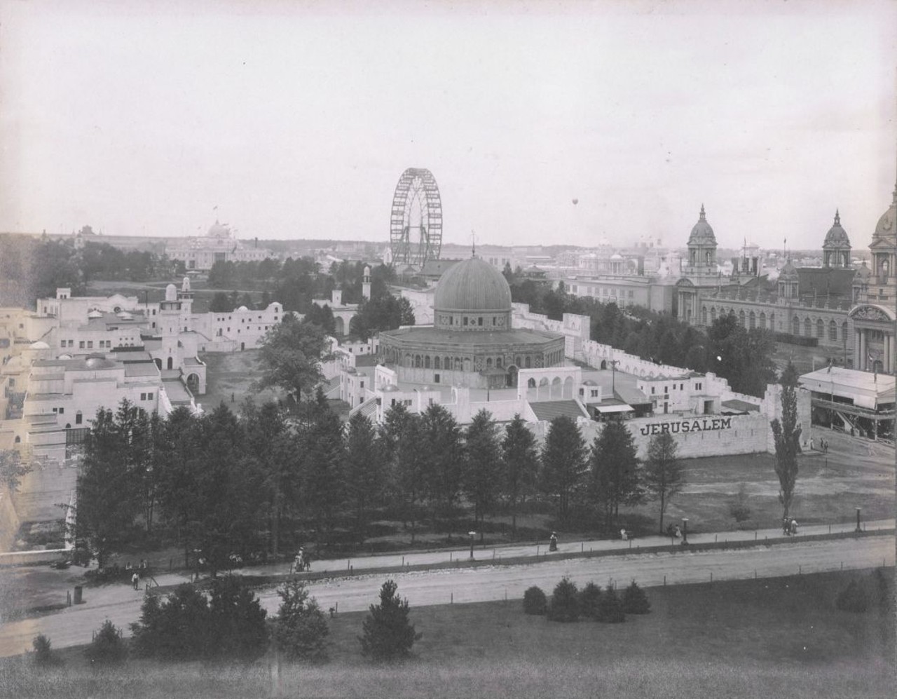 VIEW WEST FROM THE WEST PAVILION INCLUDING JERUSALEM AND THE FERRIS WHEEL AT THE 1904 WORLD'S FAIR.
Find out more about this photo at MoHistory.org.