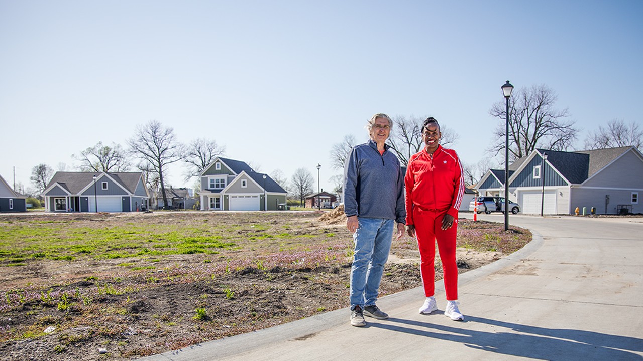 Mark Mestemacher, left, and Jackie Joyner-Kersee in the housing subdivision they helped to build — East St. Louis' first market-rate housing development in 40 years.