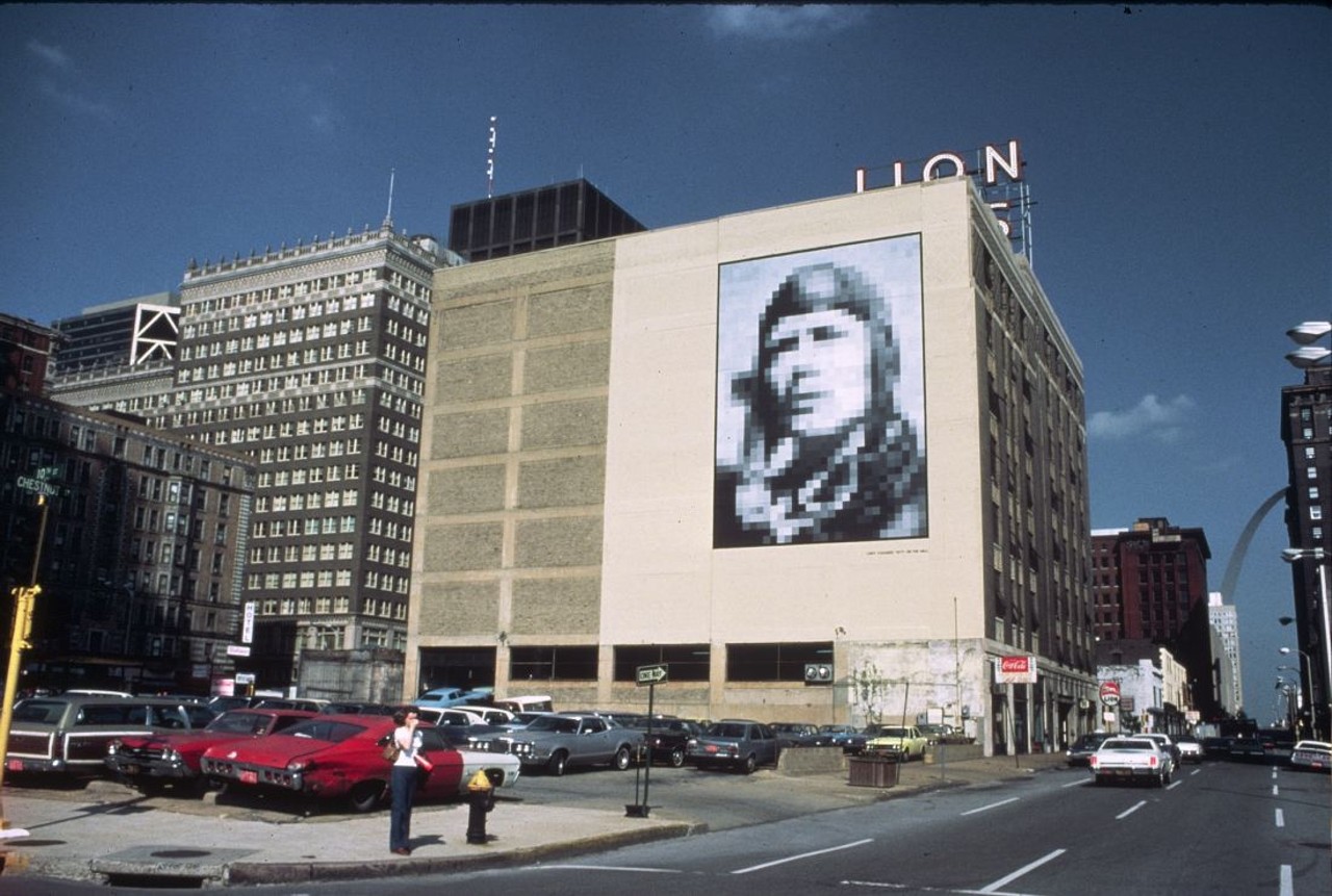 The famous "Lindy Squared," a giant pixelated portrait of Charles Lindbergh downtown.