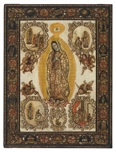 Miguel Gonzalez, Mexican, c.1664/66–after 1704; Virgin of Guadalupe (Virgen de Guadalupe), c.1690; oil on canvas on wood, inlaid with mother-of-pearl (enconchado); 39 x 27 1/2 inches; Los Angeles County Museum of Art, Purchased with funds provided by the Bernard and Edith Lewin Collection of Mexican Art Deaccession Fund 2024.86; photo © Museum Associates/LACMA