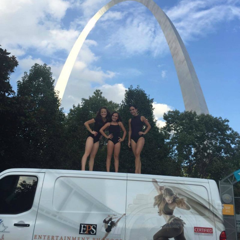 St. Louis dancers Sarah Svoboda, Joselyn Green and Cora Tyler stand on "Mighty Buford," the van that photographer Jonathan Givens used in his cross-country travels. - Photo courtesy of Sarah Svoboda.