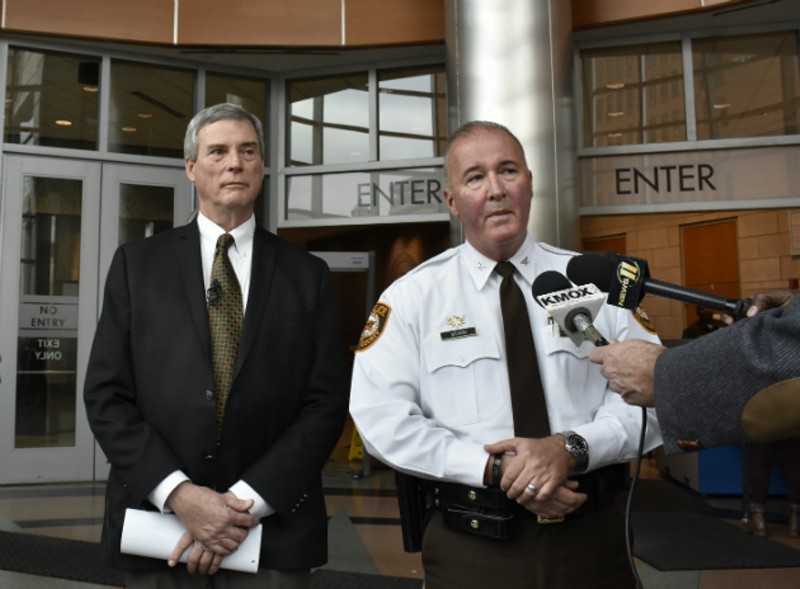 St. Louis Country Prosecuting Attorney Robert McCulloch and county police Chief Jon Belmar discuss the case. - PHOTO BY DOYLE MURPHY