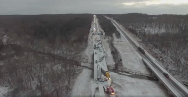 A drone-captured view of multiple vehicle crashes on I-44 near Marshfield. - SCREENSHOT VIA FACEBOOK