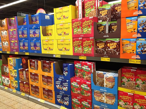 One whole aisle of candy-colored cereal boxes - photo by Jaime Lees