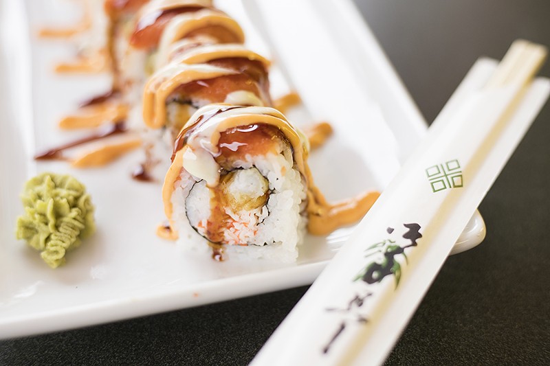 The "Cardinal" roll is stuffed with crab salad, tempura shrimp and cream cheese. - MABEL SUEN