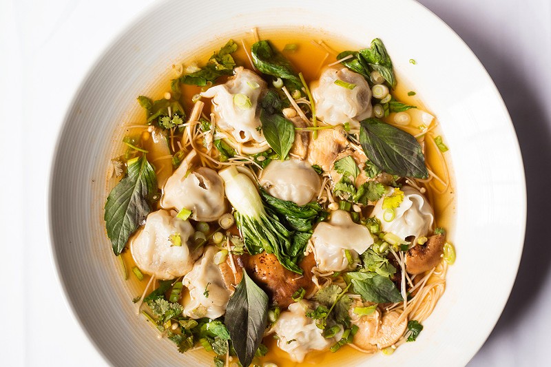 Lemongrass and lime-leaf pork are featured in a shrimp dumpling soup. - MABEL SUEN