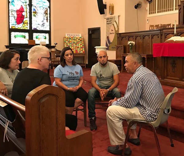 Rep. Clay met with Alex and Carly Garcia, as well as Sara John of the St. Louis Inter-Faith Committee on Latin America and Revered Rebecca Turner of Christ Church (left.) - CAMILLE RESPESS