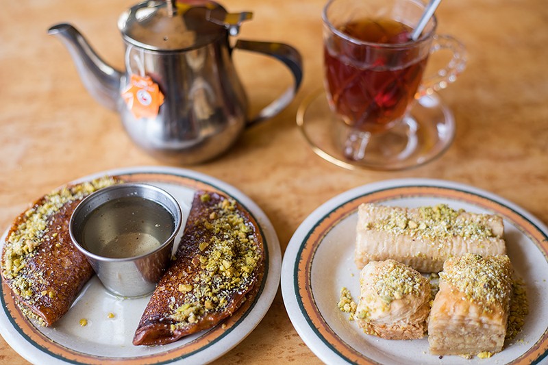 Desserts include qatif with syrup and pistachios and baklava with pistachios and rosewater syrup. - MABEL SUEN
