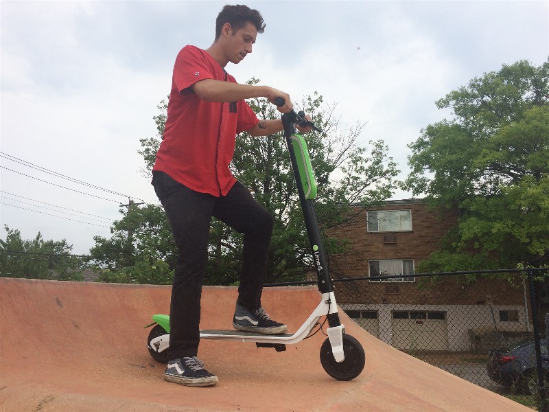 "Fridge" gets ready to test-ride a scooter at the skate park.