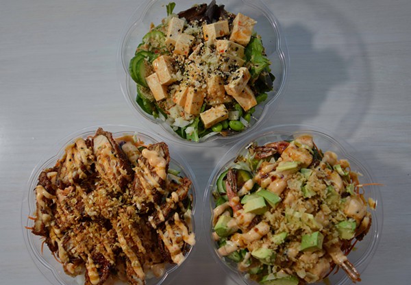 Poke Munch's signature bowls feature a variety of proteins for all diets, including (top) sweet chili tofu on top, soy marinated chicken fingers (bottom left) and tempura-battered shrimp (bottom right). - Tom Hellauer