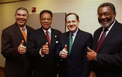 Thumbs up! The powers that be were all smiles back in March when U.S. Rep. William "Lacy" Clay brought home $536,000 to create summer jobs. From left: Congressman Clay; Henry Givens, president of Harris-Stowe State University; St. Louis Mayor Francis Slay; and Tom Jones, executive director of SLATE.