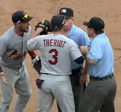 Theriot gets into it with umpires yesterday in Cincinnati. - MLB.com