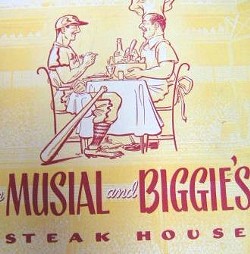 Stan Musial and Biggie's is no longer, but mementos such as this menu from stlouismemorabilia.com abound online. (None featuring a likeness of Wilt the Stilt.)